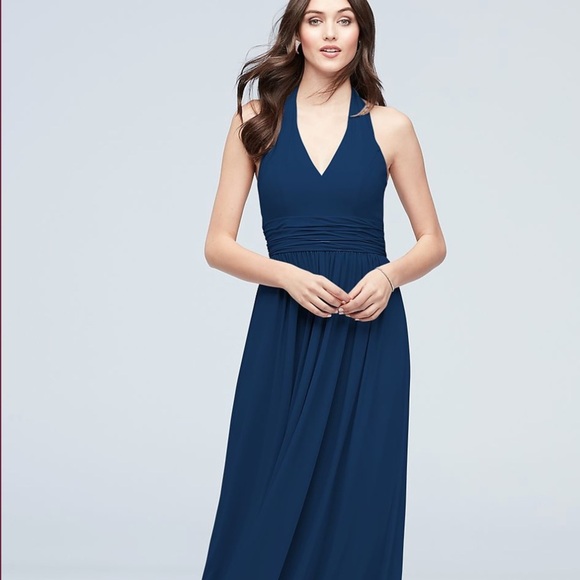 David’s  Bridal Halter Ruched Waist Georgette Bridesmaid Dress - Picture 1 of 5